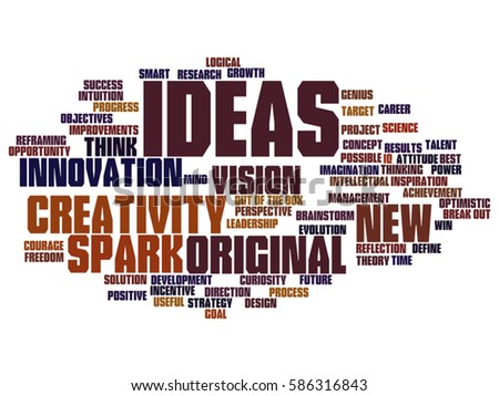 Vector concept conceptual creative new ideas or brainstorming abstract word cloud isolated on background metaphor to spark, creativity, original, innovation, vision, think, achievement, smart genius