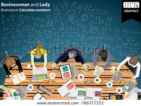 Businessman and Lady Brainstorm Calculate numbers modern design Idea and Concept Vector illustration  with Icon,Papers, coffee cups, laptop, mobile, tablet,people.