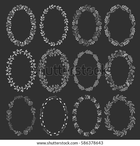 Big collection of hand drawn oval frames, borders and wreaths. Ornate vector.
