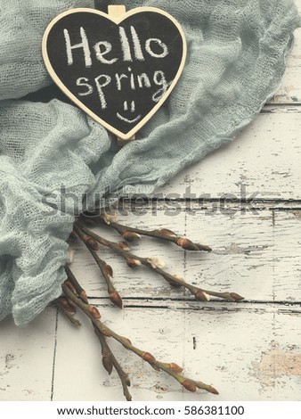 hello spring heart chalkboard. rustic hello spring heart chalkboard. Spring background. Spring white wooden background. 