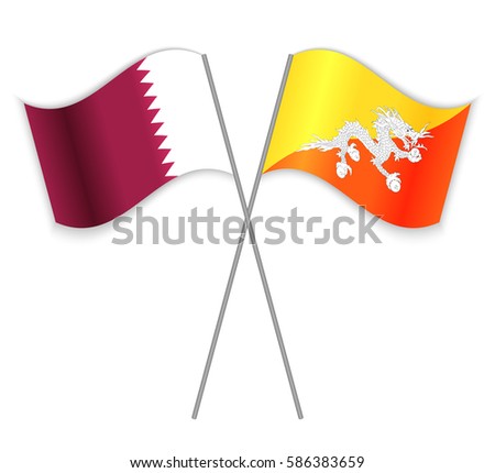 Qatari and Bhutanese crossed flags. Qatar combined with Bhutan isolated on white. Language learning, international business or travel concept.