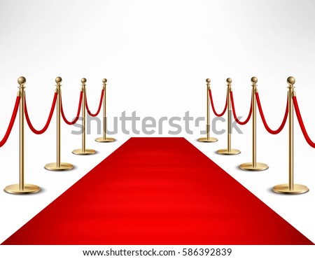 Red carpet ceremonial vip event  or head of state visit realistic image with gold barriers vector illustration 