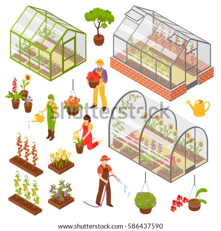 Colored and isolated isometric 3d greenhouse icon set with seedling and care of plants vector illustration