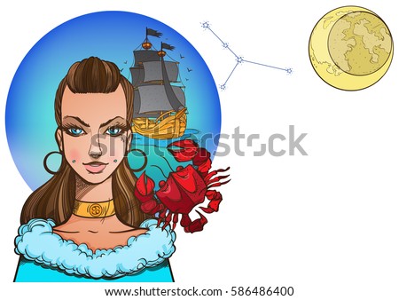 Rectangular background with Female portrait. Girl symbolizes the zodiac sign Cancer. Color illustration with the image of women.