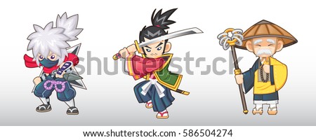 Fantasy Japanese Character Illustrations : Ninja / Samurai / Monk Royalty-Free Stock Photo #586504274