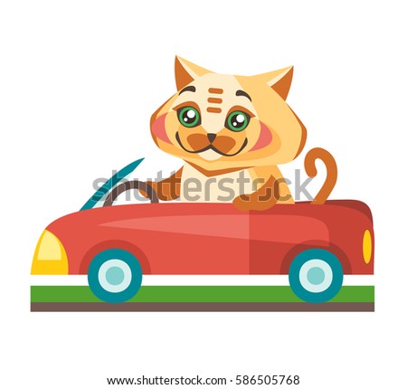 The cat is sitting behind the wheel of a red car.