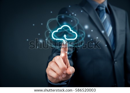 Cloud computing concept - connect to cloud. Businessman or information technologist click on cloud computing icon. Royalty-Free Stock Photo #586520003