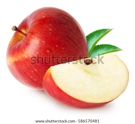 Isolated apples. Whole red apple fruit with slice (cut) with leaves isolated on white with clipping path