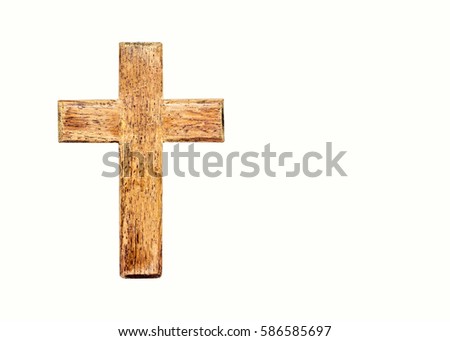 wooden cross on white background with copy space