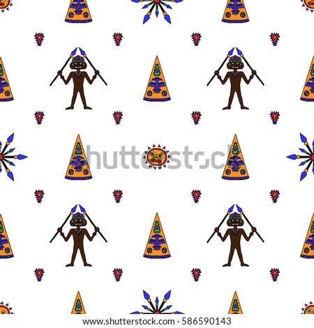 Seamless Pattern with Native American or Australian Motif. Primitive Drawing of Tribal Village, Teepee. Wild Warriors or Angry Hunters with Pikes. Funny Ornament for Surf, Cloth, Print, Calico