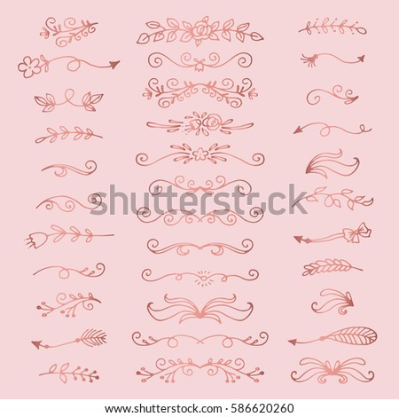 Set of different hand drawn text dividers for your design. Ink borders. Vector isolated rose gold elements