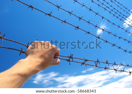 Hand of prison and sky background. Conceptual scene. Royalty-Free Stock Photo #58668343