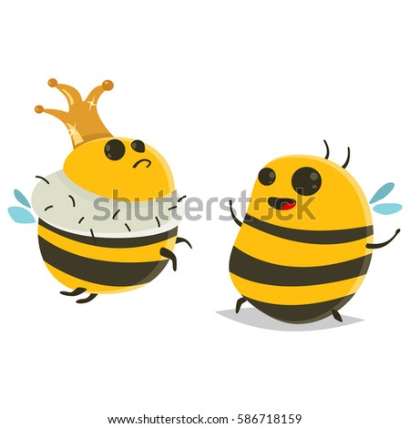 Queen with crown and bee cartoon character. Vector illustration isolated on white background.