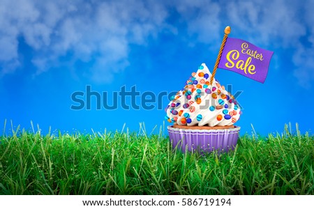 3D Rendering of Cupcake, Easter Sale on Purple Flag