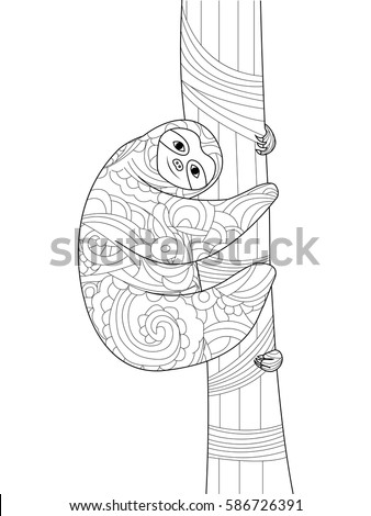 Sloth on a branch coloring book for adults vector illustration. Anti-stress coloring for adult. Zentangle style. Black and white lines. Lace pattern