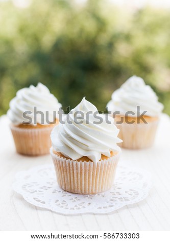 Vanilla cupcakes decorated with white frosting on wooden table, blurred green background on a bright sunny day.
