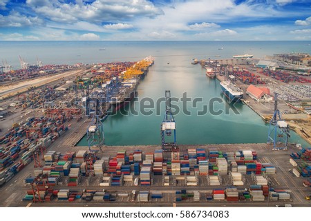 Landscape from bird eye view for Laem chabang logistic port, Chonburi, Thailand. Logistic, delivery container and delivery concept Royalty-Free Stock Photo #586734083