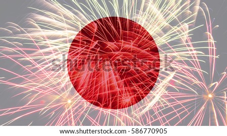 Japan flag against fireworks