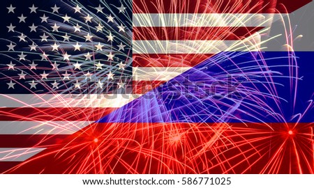 American flag and Russian flag against fireworks