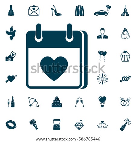 Calendar with heart icon, wedding set on white background. Vector illustration