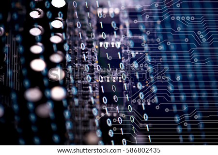Digital binary data and electronic circuit board. Cyber security concept background.