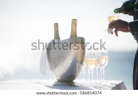 Beautiful close-up picture on waiter's hand serving champagne on the beach. Bright background, shining sun and sea, in Mauritius tropical island