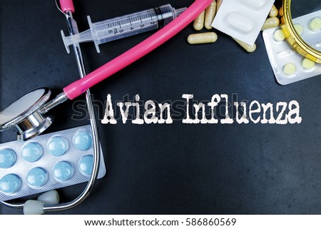 Avian Influenza word, medical term word with medical concepts in blackboard and medical equipment background.