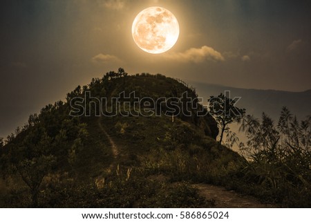 Mountain peak landscape. Walkway to the top of a mountain with night sky and beautiful full moon over tranquil nature. Beauty landscape at night time. Sepia tone. The moon were NOT furnished by NASA