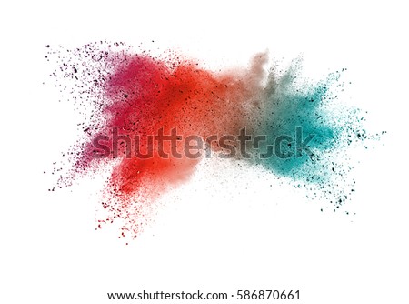 abstract powder splatted background. Multi-color powder explosion on white background. Colored cloud. Colorful dust explode. Paint Holi.
