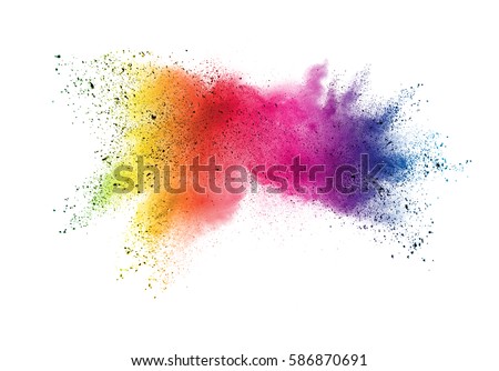 abstract powder splatted background. Multi-color powder explosion on white background. Colored cloud. Colorful dust explode. Paint Holi.
 Royalty-Free Stock Photo #586870691
