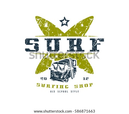 Surfing shop emblem. Graphic design for t-shirt