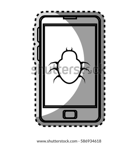 monochrome contour sticker with cell phone with virus beetle