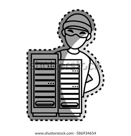 monochrome contour sticker with hacker and tower server