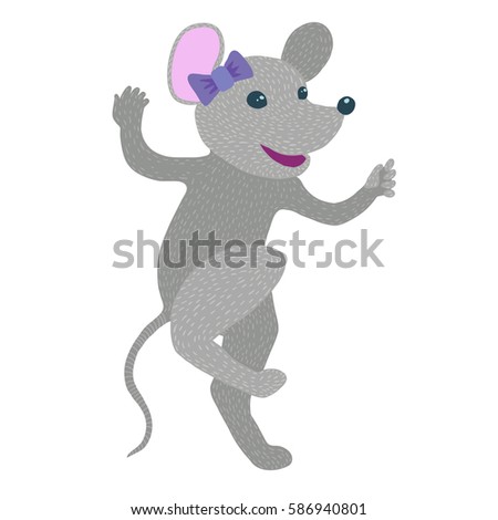 Colorful vector illustration of happy cheerful cute female anthropomorphic grey mouse wearing a purple ribbon bow dancing. Isolated on white background. 