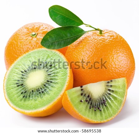 Flesh kiwi cut ripe orange. Product of genetic engineering. Computer assembly. Royalty-Free Stock Photo #58695538