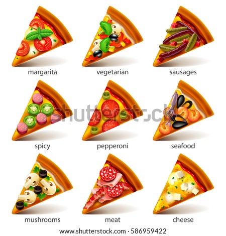 Pizza slices icons photo realistic vector set