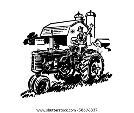 Farmer On Tractor Waving - Retro Clip Art