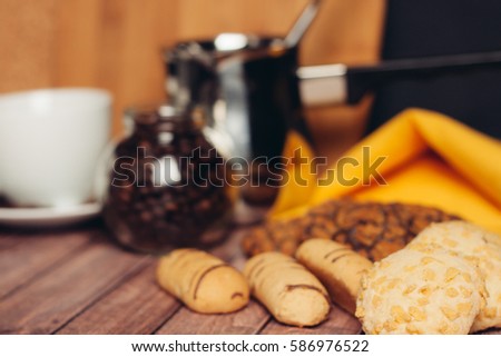 heart cookies on a saucer, chocolate shortbread cookies mug, coffee beans, for Turk kofe..