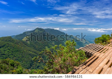 Wonderful and Beautiful landscape of World's End within the Horton Plains National Park in Sri Lanka Royalty-Free Stock Photo #586986131