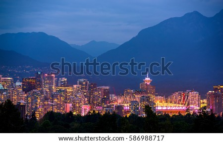 Vancouver city skyline at night, British Columbia, Canada 