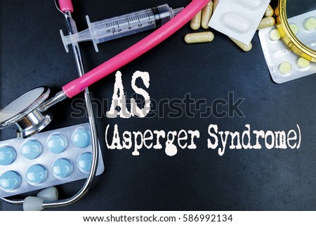 AS (Asperger Syndrome) word, medical term word with medical concepts in blackboard and medical equipment background