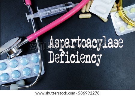 Aspartoacylase Deficiency word, medical term word with medical concepts in blackboard and medical equipment background
