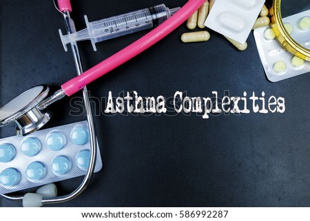 Asthma Complexities word, medical term word with medical concepts in blackboard and medical equipment background