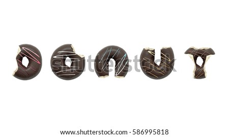 Delicious donuts with shape of letters isolated on white background. Advertising concept. Shadowless version.