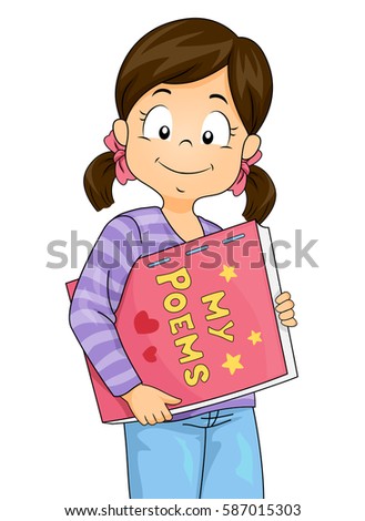 Illustration Featuring a Cute Little Girl in Pigtails Carrying a Book Filled with Poems