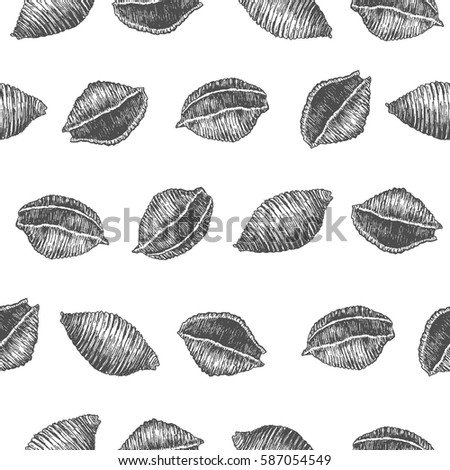 Seamless pattern design or background with pasta conchiglie. Hand drawn illustration by ink and pen sketch set. Design for pasta products.