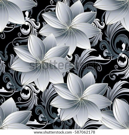 Floral seamless pattern. Damask ornaments. Modern flourish baroque  background wallpaper with vintage 3d white  flowers and antique scroll swirl leaves in Victorian style. Vector surface texture.