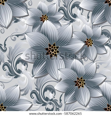 Damask floral seamless pattern. Baroque ornaments. Modern flourish background wallpaper with vintage 3d white  flowers and antique scroll swirl leaves in Victorian style. Vector surface texture.