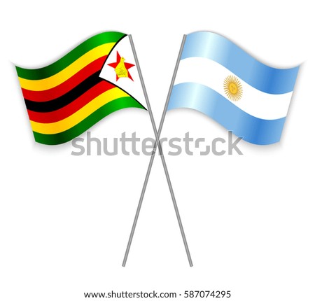 Zimbabwean and Argentine crossed flags. Zimbabwe combined with Argentina isolated on white. Language learning, international business or travel concept.