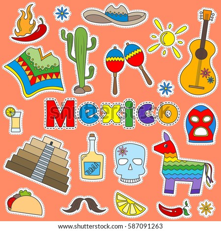 Illustration with a set of icons patches on the theme of travel in Mexico